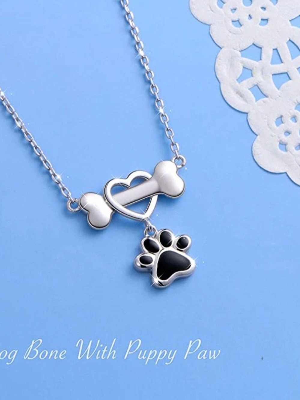 Silvertone Pet Dog Bone Puppy Paw Print Love Heart Pendant Necklace 21 Inches